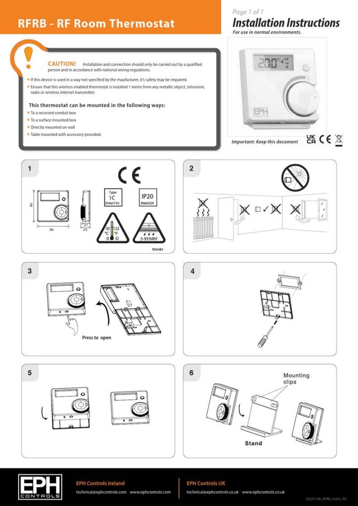 EPH CONTROLS RFRB RF Room Cylinder Thermostat Instruction Manual